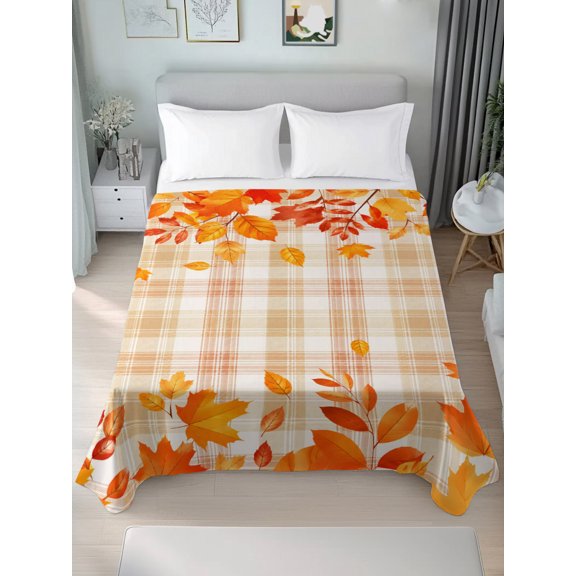 Twin Flat Sheet Only Autumn Maple Leaf Buffalo Check Soft Microfiber Cooling Bedding Sheets Thanksgiving Leaves Flat Bed Sheet