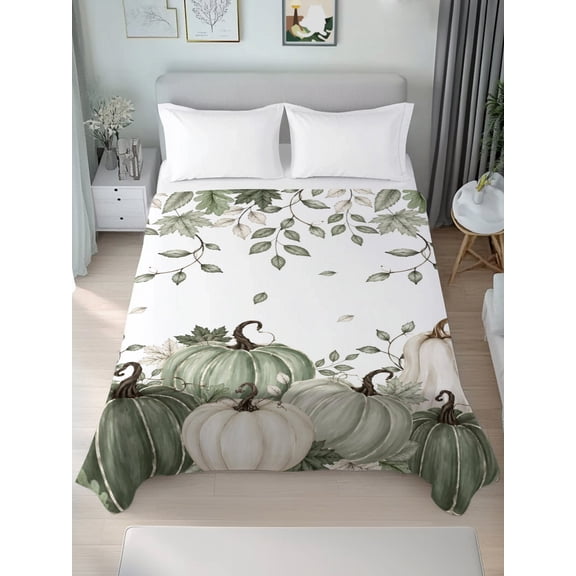 Twin Flat Sheet Only Autumn Thanksgiving Pumpkin Harvest Soft Microfiber Cooling Bedding Sheets Leaves Sage Green Flat Bed Sheet for Hotel,Home Decor