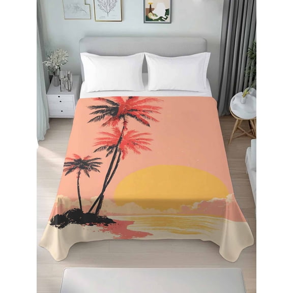Twin Flat Sheet Only Beach Palm Tree Sunset Scene Soft Microfiber Cooling Bedding Sheets Retro Summer Ocean Flat Bed Sheet