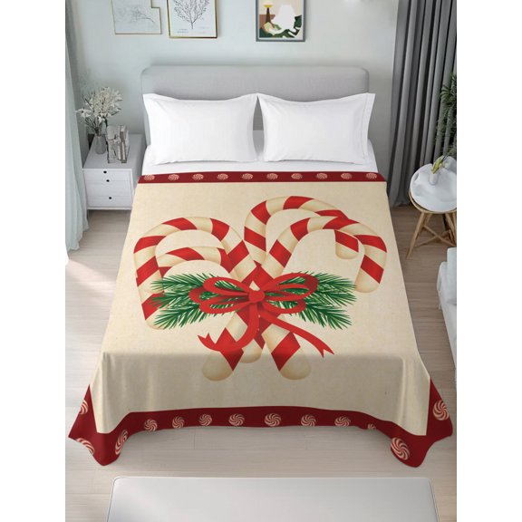 Twin Flat Sheet Only Christmas Candies Pine Branch Soft Microfiber Cooling Bedding Sheets Cane Red Beige Flat Bed Sheet for Hotel, Home Decor