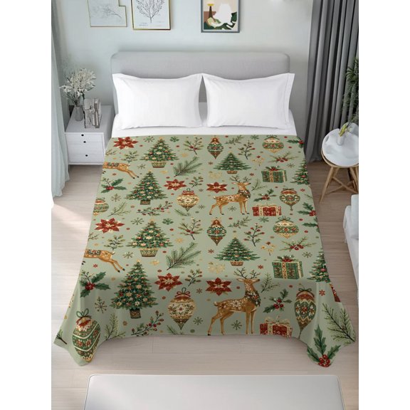 Twin Flat Sheet Only Christmas Deer Pine Tree Soft Microfiber Cooling Bedding Sheets Winter Poinsettia on Green Flat Bed Sheet for Hotel, Home Decor