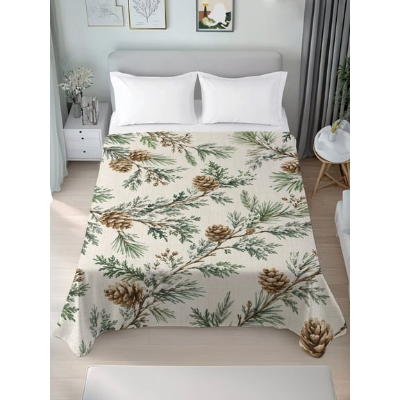 Twin Flat Sheet Only Christmas Pinecone Pine Needle Soft Microfiber Cooling Bedding Sheets Tree Branch on Burlap Flat Bed Sheet for Hotel,Home Decor