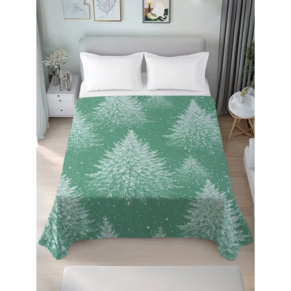 Twin Flat Sheet Only Christmas Trees on Green Soft Microfiber Cooling Bedding Sheets Winter Pine Tree Seamless Flat Bed Sheet for Hotel, Home Decor
