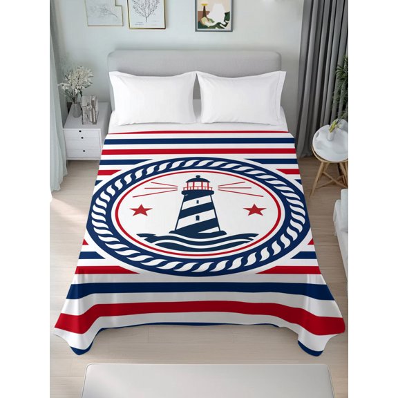 Twin Flat Sheet Only Coastal Ocean Lighthouse Soft Microfiber Cooling Bedding Sheets Marine Navy Blue Red Stripe Flat Bed Sheet for Hotel,Home Decor