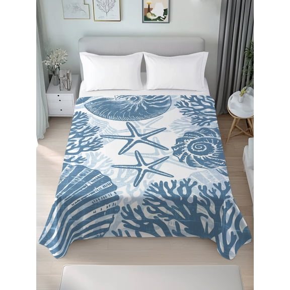 Twin Flat Sheet Only Coastal Slate Blue Sea Shells Starfish Soft Microfiber Cooling Bedding Sheets Marine Life Flat Bed Sheet