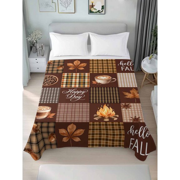 Twin Flat Sheet Only Coffee Fall Maple Leaf Soft Microfiber Cooling Bedding Sheets Vintage Brown Plaid Flat Bed Sheet for Hotel,Home Decor
