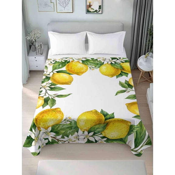 Twin Flat Sheet Only Country Lemon Flower Leaf Soft Microfiber Cooling Bedding Sheets Spring Fruit Floral Plant Flat Bed Sheet