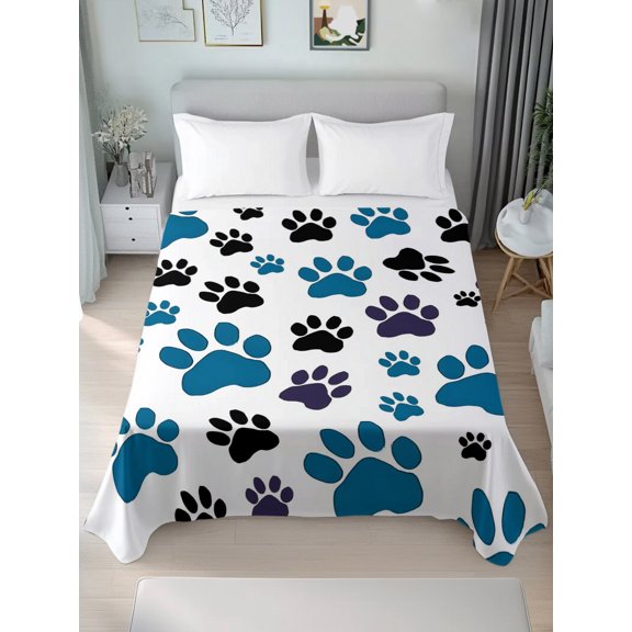 Twin Flat Sheet Only Cute Dog Paw Print on White Soft Microfiber Cooling Bedding Sheets Animal Footprints Seamless Flat Bed Sheet