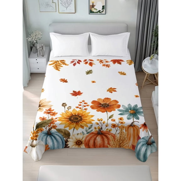 Twin Flat Sheet Only Fall Floral Maple Leaves Orange Soft Microfiber Cooling Bedding Sheets Thanksgiving Pumpkin Flat Bed Sheet for Hotel,Home Decor