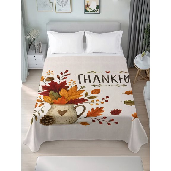 Twin Flat Sheet Only Fall Thanksgiving Maple Leaves Soft Microfiber Cooling Bedding Sheets Berry Foliage Pine Cones Flat Bed Sheet