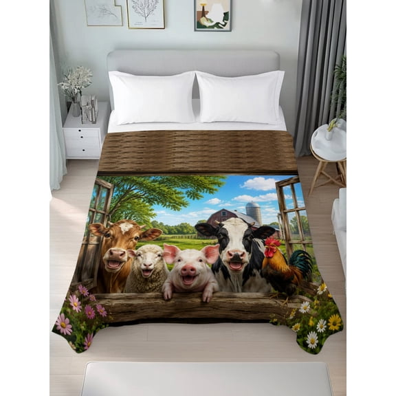 Twin Flat Sheet Only Farm Happy Pig Sheep Chicken Soft Microfiber Cooling Bedding Sheets Window View Flat Bed Sheet for Hotel,Home Decor