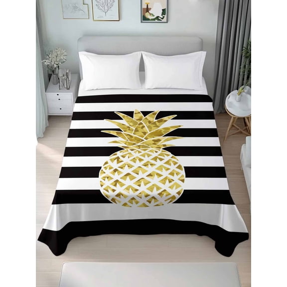 Twin Flat Sheet Only Farmhouse Fruit Golden Pineapple Soft Microfiber Cooling Bedding Sheets Black White Striped Flat Bed Sheet
