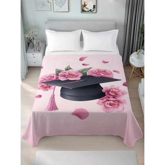 Twin Flat Sheet Only Graduation Cap Flowers Roses Soft Microfiber Cooling Bedding Sheets Pink Background Flat Bed Sheet