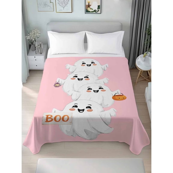 Twin Flat Sheet Only Halloween Ghost Orange Pumpkin Soft Microfiber Cooling Bedding Sheets Cartoon Ghosts on Pink Flat Bed Sheet for Hotel,Home Decor