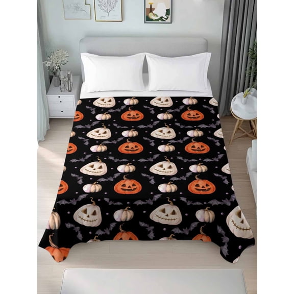 Twin Flat Sheet Only Halloween Pumpkin Ghost Scary Soft Microfiber Cooling Bedding Sheets Bats Seamless on Black Flat Bed Sheet for Hotel,Home Decor