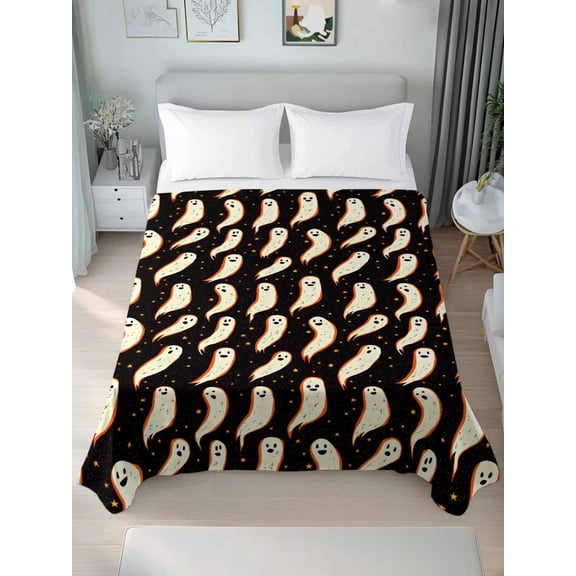 Twin Flat Sheet Only Halloween Smile Ghost Soft Microfiber Cooling Bedding Sheets Cute Elf on Black Background Flat Bed Sheet for Hotel,Home Decor