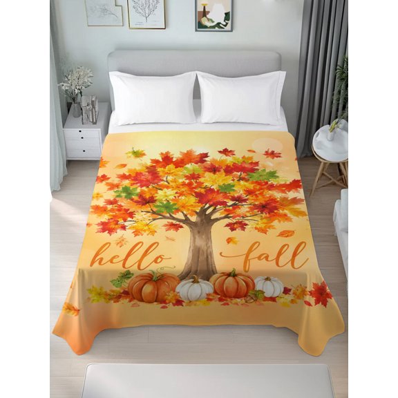 Twin Flat Sheet Only Hello Fall Maple Tree Soft Microfiber Cooling Bedding Sheets Thanksgiving Pumpkins Flat Bed Sheet for Hotel,Home Decor