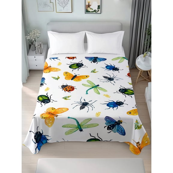 Twin Flat Sheet Only Insects Dragonflies Spiders Soft Microfiber Cooling Bedding Sheets Butterflies Ladybirds Flat Bed Sheet for Hotel,Home Decor