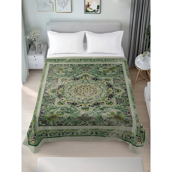 Twin Flat Sheet Only Medieval Turkish Boho Pattern Soft Microfiber Cooling Bedding Sheets Green Mural Retro Floral Texture Flat Bed Sheet