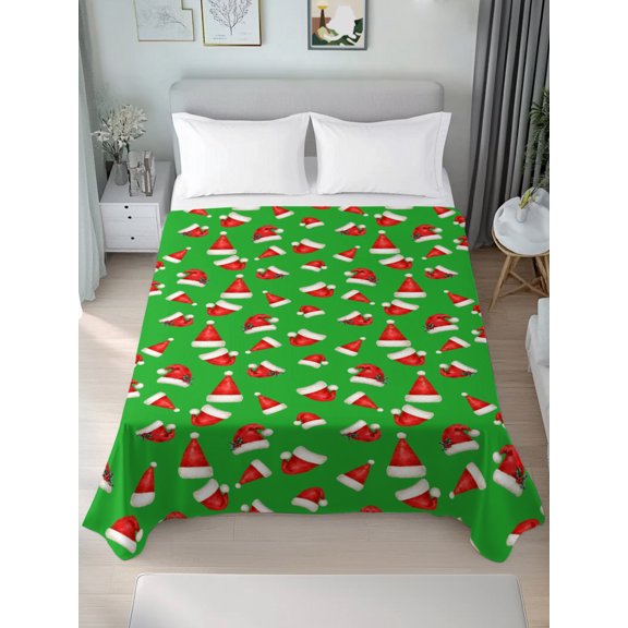 Twin Flat Sheet Only Merry Christmas Seamless Santa Hat Soft Microfiber Cooling Bedding Sheets Red Hats on Green Flat Bed Sheet for Hotel, Home Decor