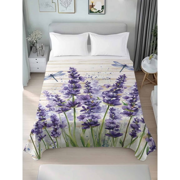 Twin Flat Sheet Only Purple Lavender Dragonfly Soft Microfiber Cooling Bedding Sheets Country Flower Art Vintage Wood Texture Flat Bed Sheet