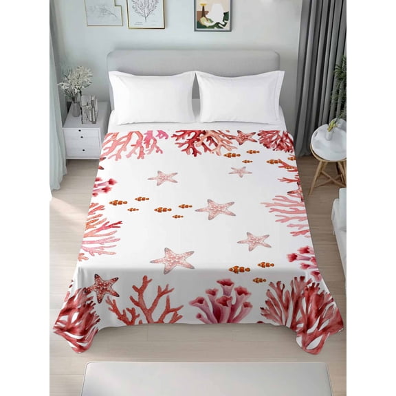 Twin Flat Sheet Only Red Coral Starfish Fish Soft Microfiber Cooling Bedding Sheets Underwater Ocean Creature Flat Bed Sheet for Hotel, Home Decor
