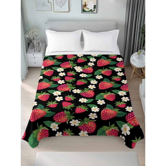 Twin Flat Sheet Only Red Strawberry Litter Flower Leaves on Black Soft Microfiber Cooling Bedding Sheets Summer Fruit Flat Bed Sheet