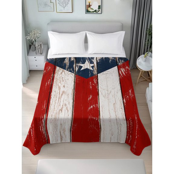 Twin Flat Sheet Only Retro Puerto Rico Flag Soft Microfiber Cooling Bedding Sheets Rustic Wooden Texture Flat Bed Sheet