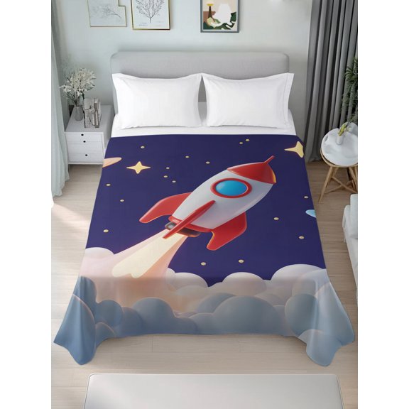 Twin Flat Sheet Only Rocket Space Universe Planet Soft Microfiber Cooling Bedding Sheets Night Star Cartoon Style Flat Bed Sheet