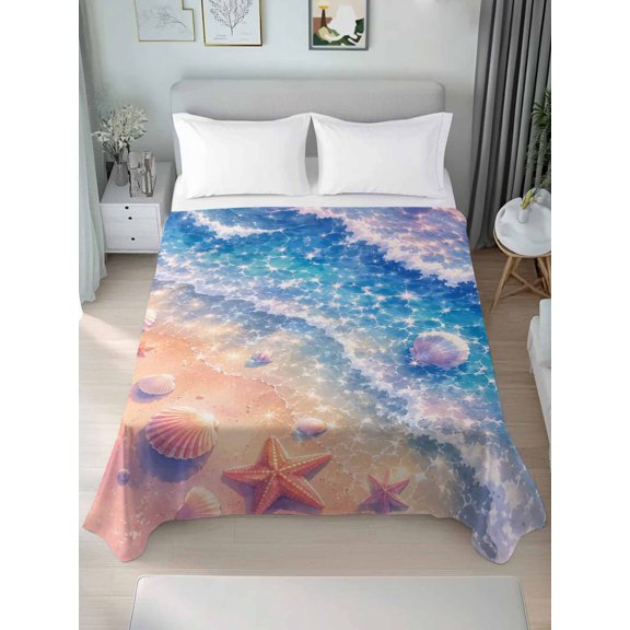 Twin Flat Sheet Only Summer Coastal Starfish Shells Soft Microfiber Cooling Bedding Sheets Ocean Beach Sea Waves Flat Bed Sheet