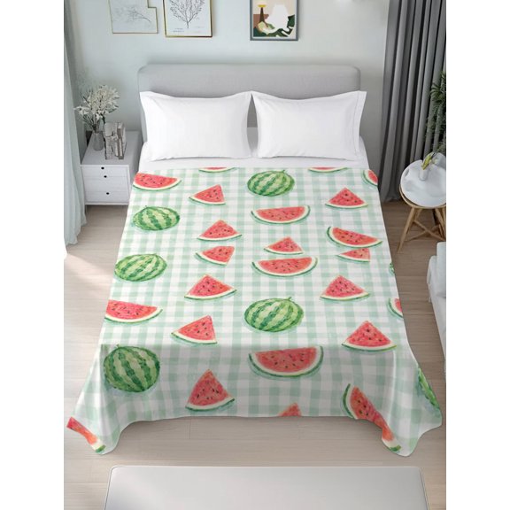Twin Flat Sheet Only Summer Fruit Watermelons Pattern Soft Microfiber Cooling Bedding Sheets Green Check Background Flat Bed Sheet