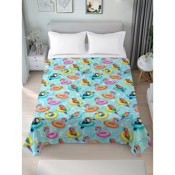 Twin Flat Sheet Only Summer Pool Float Swim Rings Soft Microfiber Cooling Bedding Sheets Tropical Flamingo Birds Flat Bed Sheet