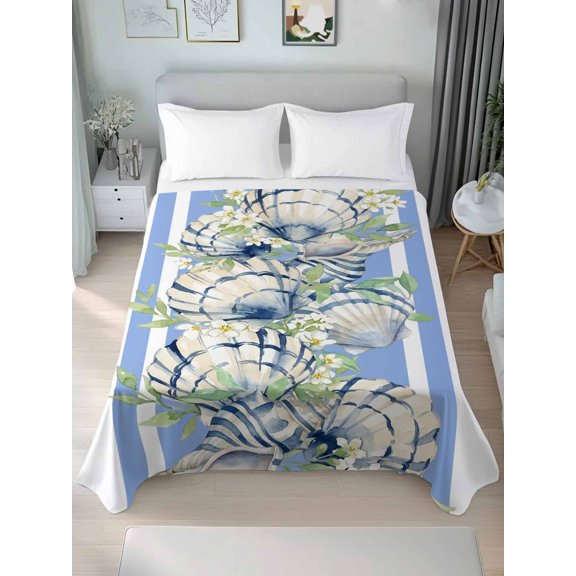 Twin Flat Sheet Only Summer Sea Conch Shells Soft Microfiber Cooling Bedding Sheets Blue White Striped Background Flat Bed Sheet