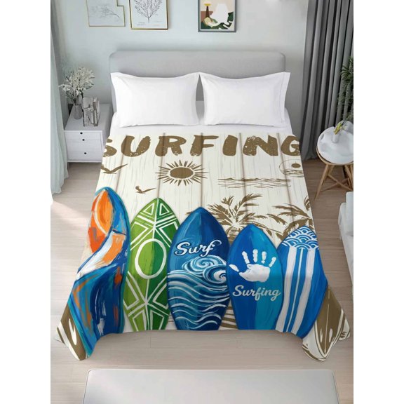 Twin Flat Sheet Only Summer Surfing Beach Tropical Palm Tree Soft Microfiber Cooling Bedding Sheets Rustic Wooden Plank Flat Bed Sheet