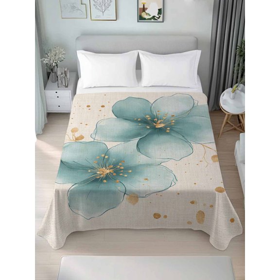 Twin Flat Sheet Only Teal Blue Blossom Flower on Linen Soft Microfiber Cooling Bedding Sheets Spring Floral Plant Flat Bed Sheet for Hotel,Home Decor