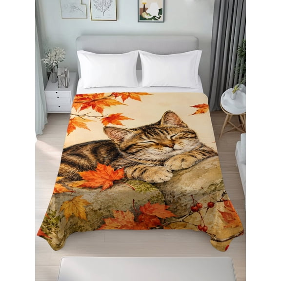 Twin Flat Sheet Only Thanksgiving Cute Tabby Cat Soft Microfiber Cooling Bedding Sheets Retro Fall Maple Leaves Flat Bed Sheet