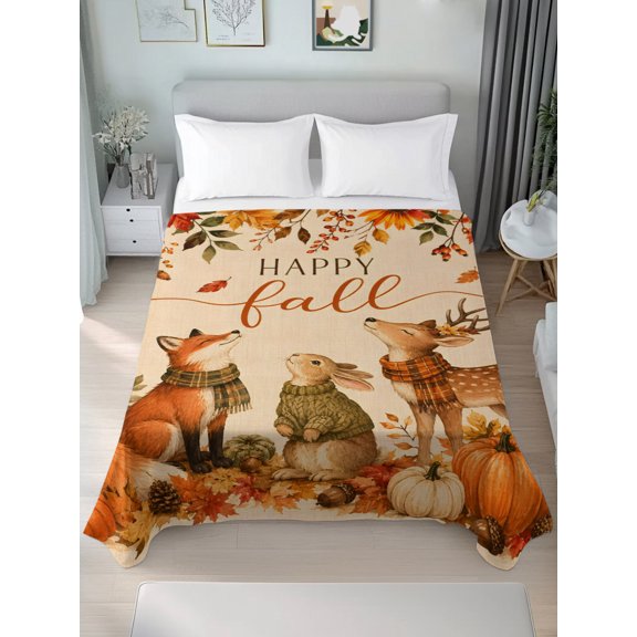 Twin Flat Sheet Only Thanksgiving Maple Leaf Pumpkin Soft Microfiber Cooling Bedding Sheets Forest Deer Fox Rabbit Flat Bed Sheet