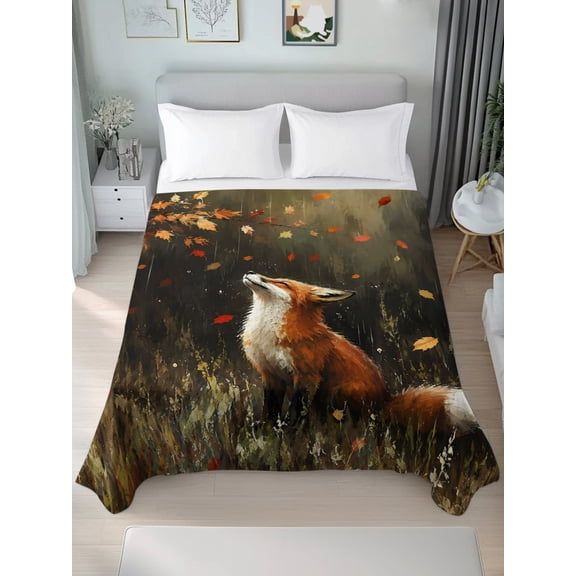 Twin Flat Sheet Only Thanksgiving Maple Leaves Fox Soft Microfiber Cooling Bedding Sheets Autumn Falling Foliage Flat Bed Sheet for Hotel,Home Decor