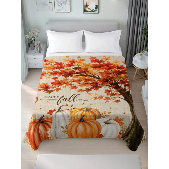 Twin Flat Sheet Only Thanksgiving Pumpkin Maple Leaf Soft Microfiber Cooling Bedding Sheets Fall Tree Retro Linen Flat Bed Sheet for Hotel,Home Decor