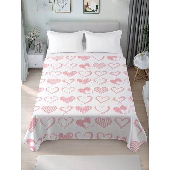Twin Flat Sheet Only Valentine's Day Pink Love Hearts Soft Microfiber Cooling Bedding Sheets Romantic Heart Sketch Flat Bed Sheet