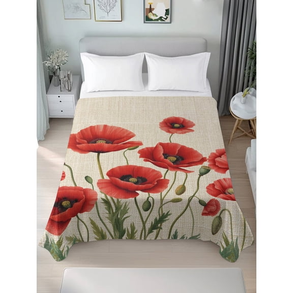 Twin Flat Sheet Only Vintage Red Poppy Flowers Soft Microfiber Cooling Bedding Sheets Country Floral Art Flat Bed Sheet