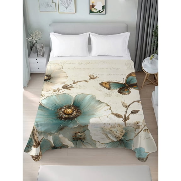 Twin Flat Sheet Only Vintage Victorian Flower Soft Microfiber Cooling Bedding Sheets Retro Floral Butterfly on Letter Flat Bed Sheet
