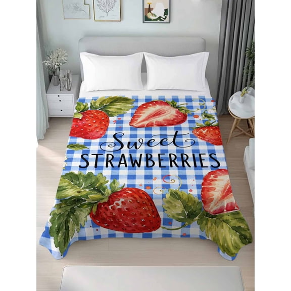 Twin Flat Sheet Only Watercolor Strawberry Flower Soft Microfiber Cooling Bedding Sheets Farm Fruit Leaves Blue Checker Flat Bed Sheet