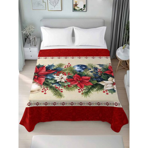 Twin Flat Sheet Only Xmas Poinsettia Fir Leaves on Red Soft Microfiber Cooling Bedding Sheets Christmas Pine Cones Berry Flat Bed Sheet