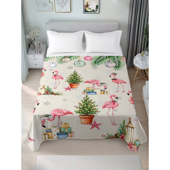 Twin Flat Sheet Only Pink Flamingos Christmas Tree Soft Microfiber Cooling Bedding Sheets Winter Snowflakes Starfish Flat Bed Sheet for Hotel, Home Decor
