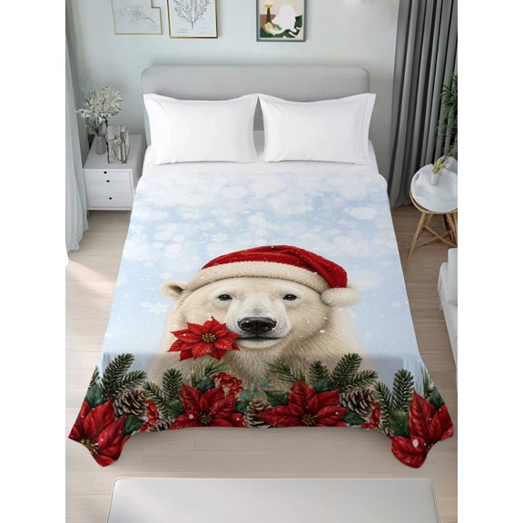 Twin Flat Sheet Only Polar Bear Christmas Poinsettia Pine Cones Soft Microfiber Cooling Bedding Sheets Winter Snow Flat Bed Sheet for Hotel, Home Decor
