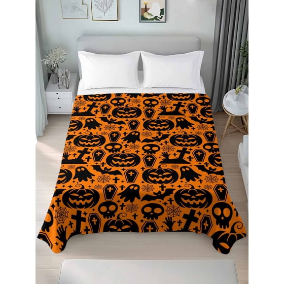 Twin Flat Sheet Only Pumpkin Ghost Skull Bat Orange Black Soft Microfiber Cooling Bedding Sheets Halloween Tomb Spiderweb Flat Bed Sheet for Hotel,Home Decor