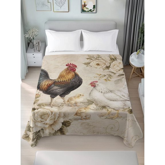 Twin Flat Sheet Only Retro Farm Rooster Hen Soft Microfiber Cooling Bedding Sheets Vintage Garden White Floral Art Flat Bed Sheet for Hotel,Home Decor