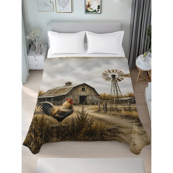 Twin Flat Sheet Only Rural Rooster Wood Barn Windmill Soft Microfiber Cooling Bedding Sheets Farmhouse Fence Wild Grass Flat Bed Sheet for Hotel,Home Decor