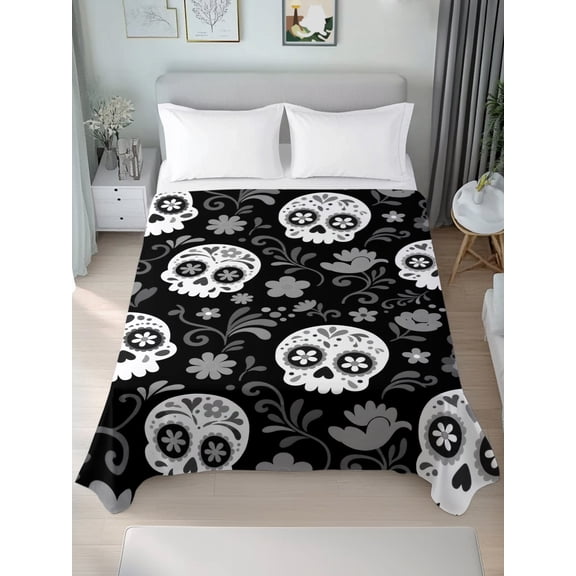 Twin Flat Sheet Only Scary Skull Skeleton Flower Soft Microfiber Cooling Bedding Sheets Seamless Black White Plant Flat Bed Sheet for Hotel,Home Decor